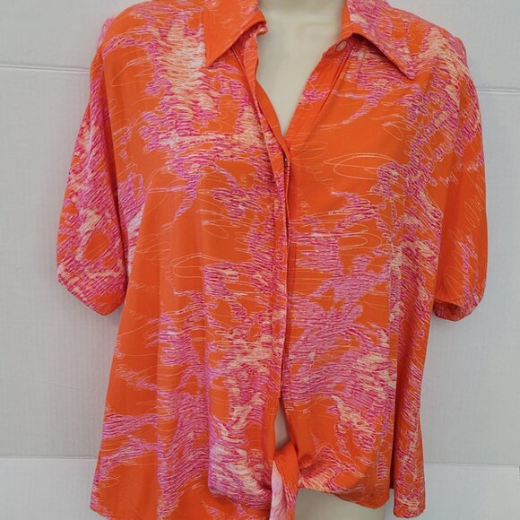 Finley Womens Hawaiian Button Down Shirt Orange Pink Abstract Tropical Sz L EUC - Picture 2 of 9